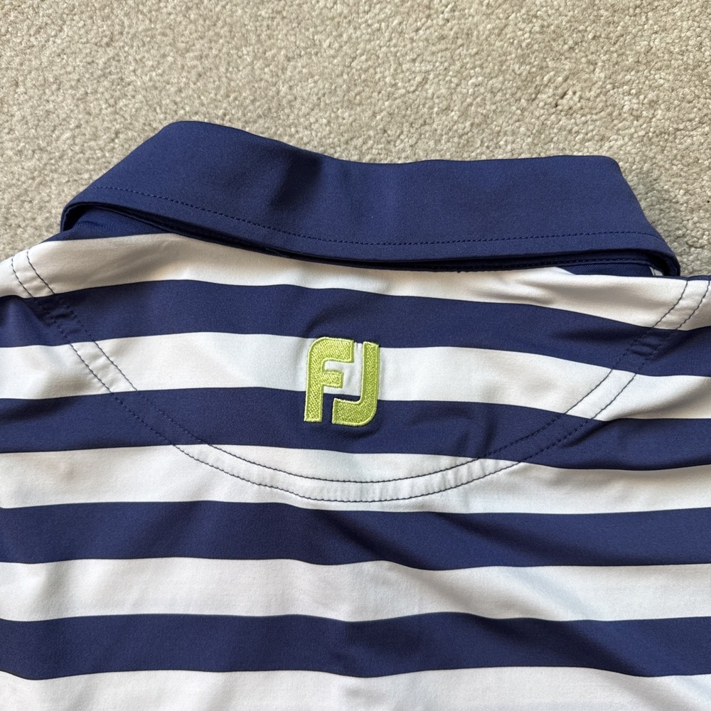 FootJoy Polo Shirt Mens L Blue Striped Golf Performance Logo Troy Burne - Picture 8 of 9